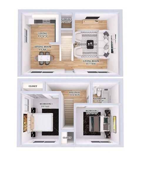 a 3d rendering of a modern house with a living room and a kitchen